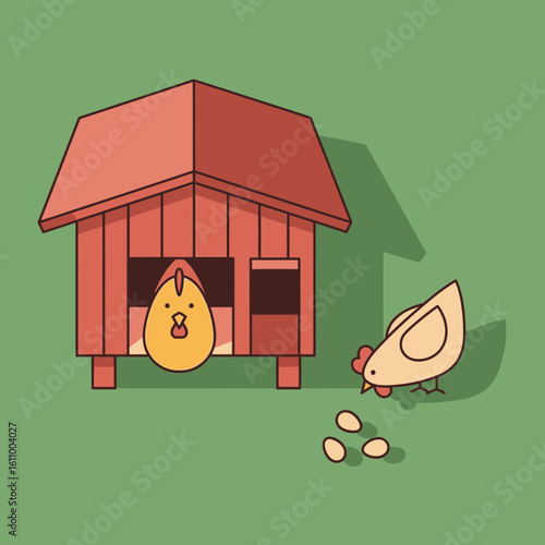 Cartoon chicken near a coop with eggs on a green background.