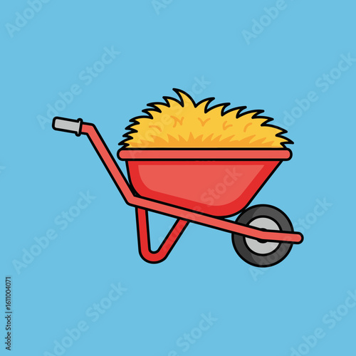 Red wheelbarrow filled with hay or straw on a blue background.