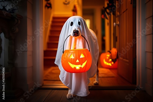 Adorable dog dressed as a ghost holding a jack-o'-lantern basket on Halloween night.