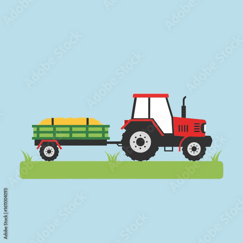 Red tractor pulling a green trailer with hay on a green field.