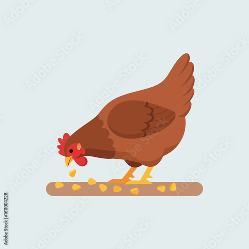 A brown chicken pecks at seeds or grain on a wooden surface.