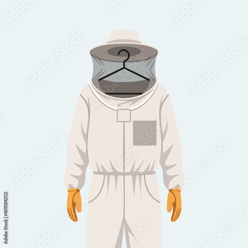 Beekeeper suit with veil and gloves on a light background illustration.