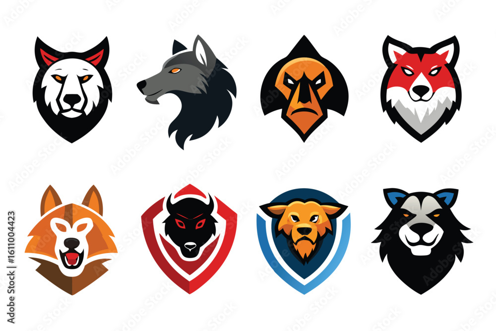 Fototapeta premium Vector art of a set of fierce animal mascot logos featuring wolves, foxes, and other predators isolated on white background
