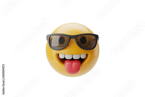 Cool Yellow Emoji with Sunglasses Sticking Out Tongue and Smiling on Transparent Background