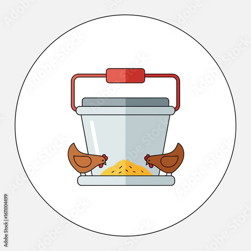 Chicken feeder with two chickens eating grain in a circular frame.