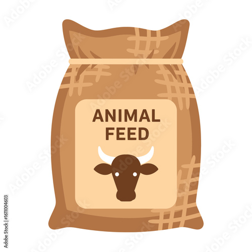 A brown sack labeled animal feed with a cow illustration on a white background.