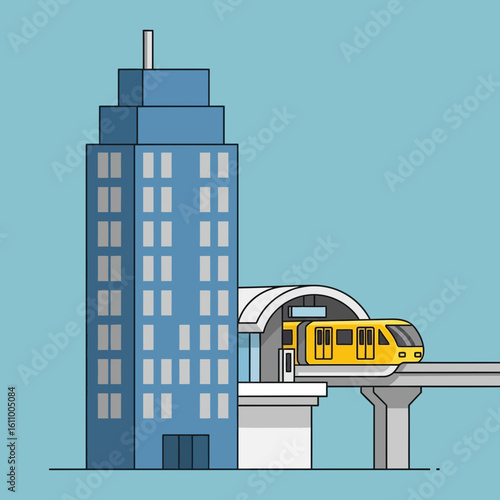 Cartoon illustration of a building and a train station with a train.