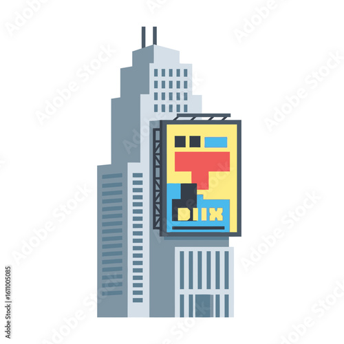 Cartoon building with a large colorful billboard on its side against white.