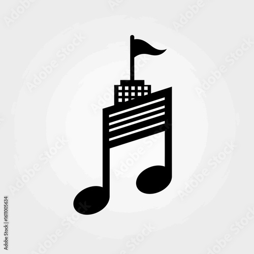 Black music note icon with building and flag on top against gray background.