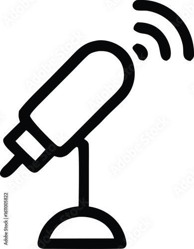 Simple line art icon of a microphone on a stand emitting wireless signals indicating audio broadcasting or recording