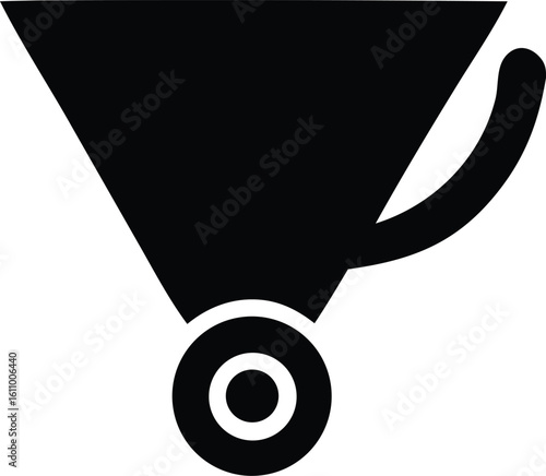 A stark black silhouette of a funnel with a curved handle and a circular base symbolizing filtering or processing information