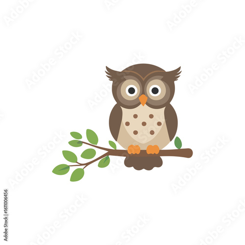 Vector flat cute brown owl sitting on branch isolated on white background