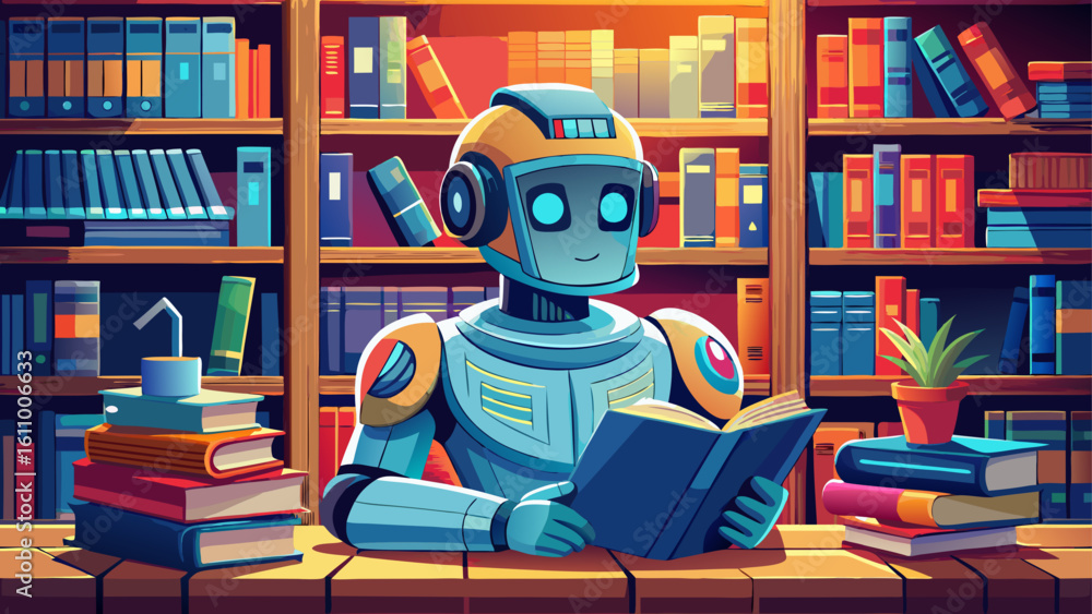 very Beautiful close up robot ai sits in the library and reads a book. Concept of text generation, AI training and information systematization very Beautiful close up robot ai sits in the library and reads a book. Concept of text generation, AI training and information systematization