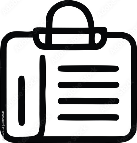 Simple black and white outline icon of a clipboard with a document and a pen holder attached