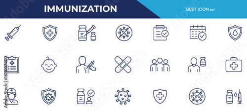 Immunization Line Icons Pack – Vaccine, Syringe, Virus Protection, Medical and Healthcare Vector Set