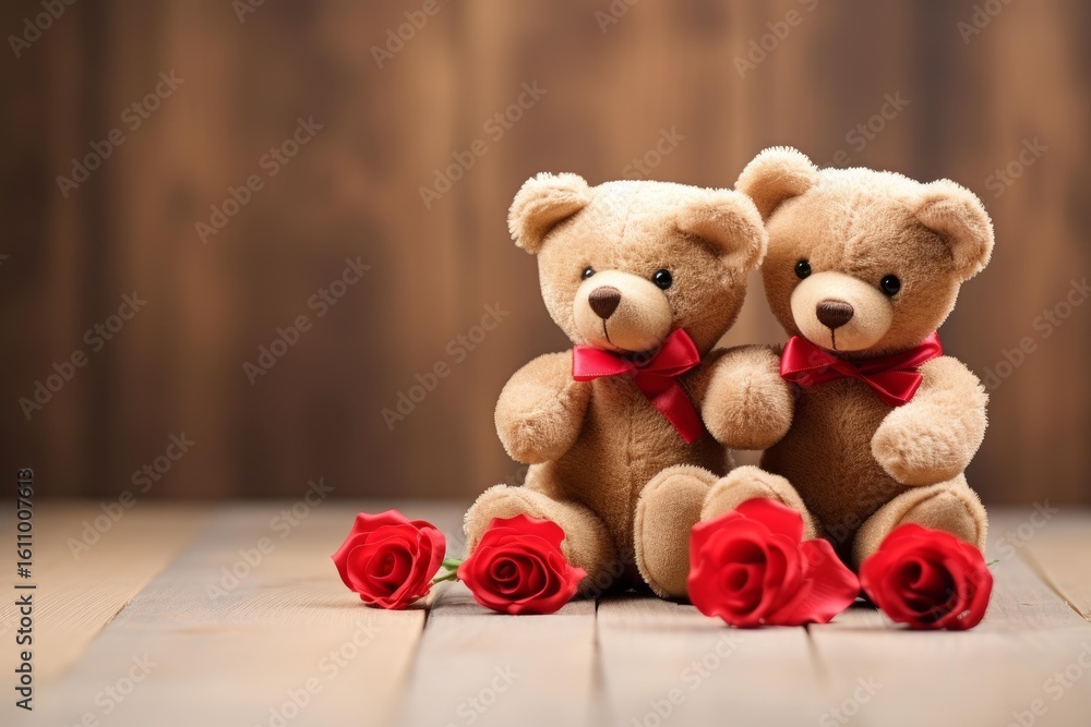 Obraz premium Two teddy bears sitting together on wooden table with red roses, celebrating love and affection