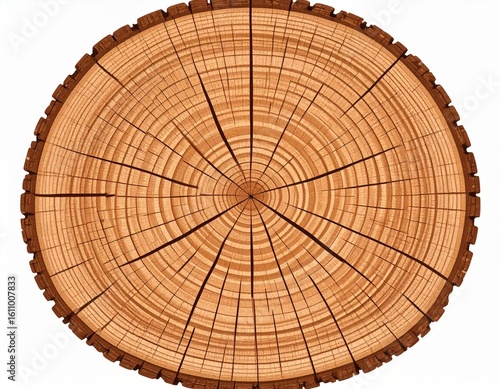 Cross-section of an old tree stump, showing concentric growth rings, cracks, and embedded small stones. Epochal illustration, exhaustive detail, full HD.