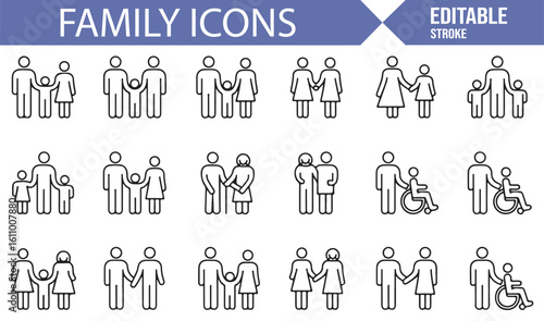 Set of Family Icons for Depicting Parent-Child Relationships and Love