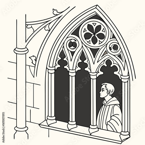 Vector illustration of a pointed arch frame in Gothic Revival style with stained glass motifs stone-like tracery and medieval floral carvings perfect for dramatic or historical design work