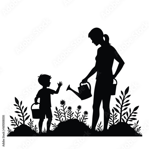 Mother and child watering plants in garden silhouette watering can bucket