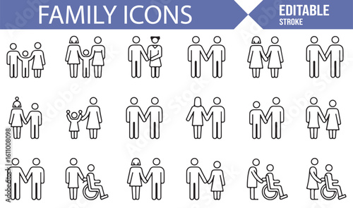 Family Icons Set Featuring Parents, Children, and Siblings