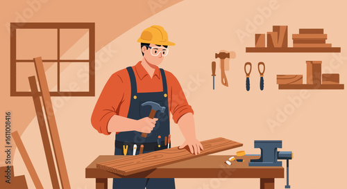 Flat Vector of a Carpenter Working at a Workbench in a Cozy Workshop
