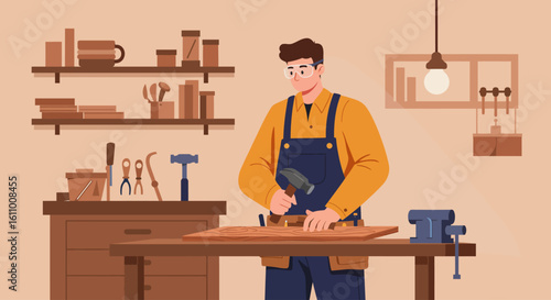 Flat Vector of a Carpenter Working at a Workbench in a Cozy Workshop