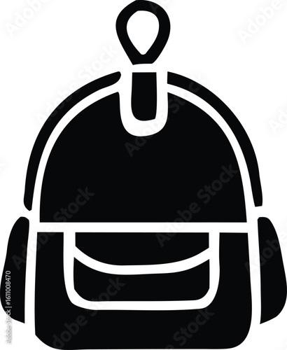 Stylized silhouette icon of a black backpack with a front pocket and top loop for carrying or hanging