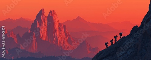 Mountain climbers support each other as they work together to reach their shared goal at the summit