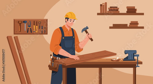 Flat Vector of a Carpenter Working at a Workbench in a Cozy Workshop