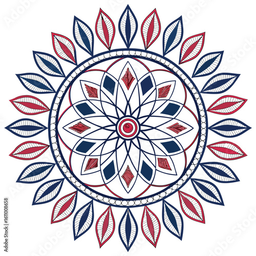 Ornamental round frame made from concentric rows of traditional Ikat flame and teardrop patterns arranged like a mandala with symmetrical balance and blurred outlines to simulate dyed fabric