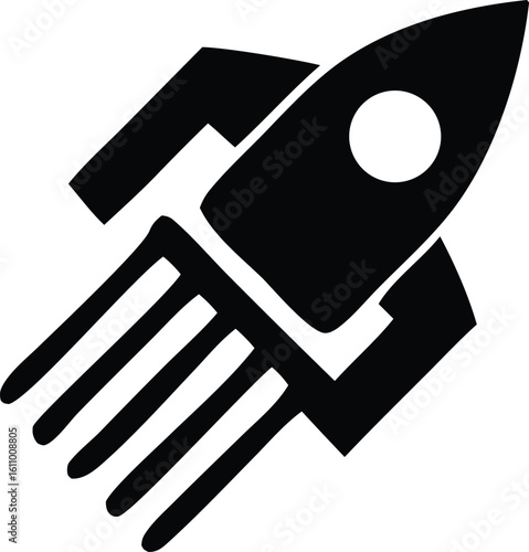Stylized black silhouette of a rocket ship launching upwards with streaks of exhaust emitting from its base