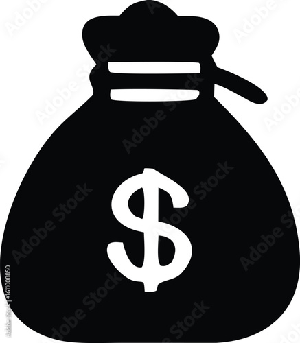 A stylized black silhouette of a money bag with a prominent white dollar sign symbolizing wealth and financial gain