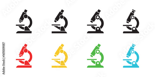 Eight colorful microscope icons in black, red, yellow, green, and blue on white background