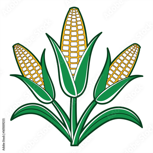 Corn stalk with cobs flat two-tone illustration.