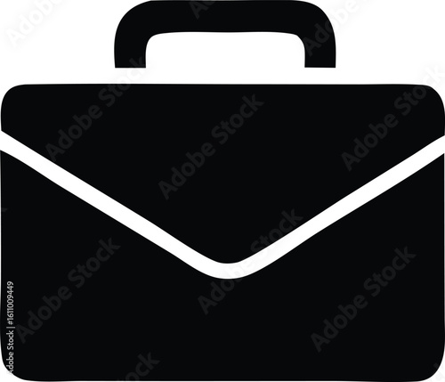A stark black silhouette of a classic briefcase featuring a prominent top handle and a distinctive v shaped flap closure symbolizing business and travel