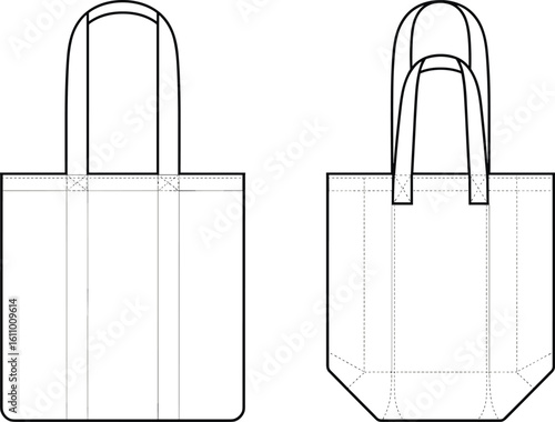 CAD drawing flat vector illustration of tote bag sewing template, front and side views, stitching detail, fashion accessory layout, structured design