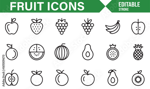 Set of Fruit Icons Including Bananas, Grapes, Apples, and Watermelon