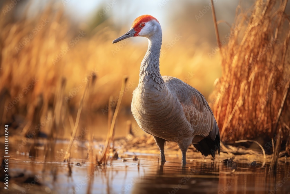 Obraz premium Sandhill crane wading in golden marsh during sunset