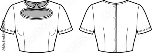 CAD drawing flat vector illustration of trendy crop top, short sleeve blouse, cutout neckline design, button-back closure detail, stylish garment sketch, front and back fashion layout