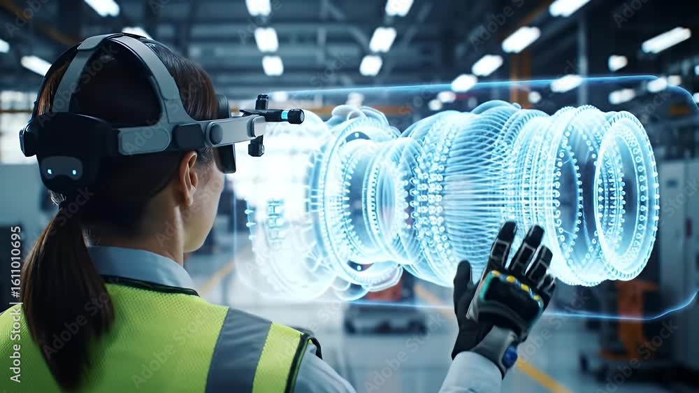 Engineer uses an AR headset to inspect a holographic 3D engine model in ...