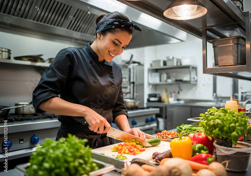 Female chef using knife, preparing healthy meal with fresh organic ingredients in commercial kitchen