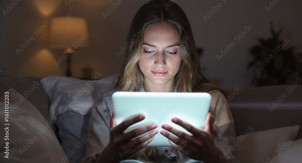 Woman on couch looking at glowing tablet screen in dark room Woman on couch looking at glowing tablet screen in dark room