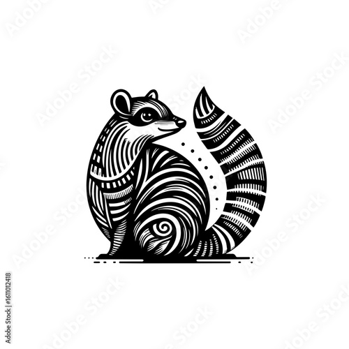 Stylized raccoon with a bushy striped tail