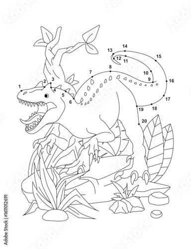 Allosaurus (Solved) Connect the Dots Activity Page for Kids – Fun Dot to Dot Dinosaur Puzzle