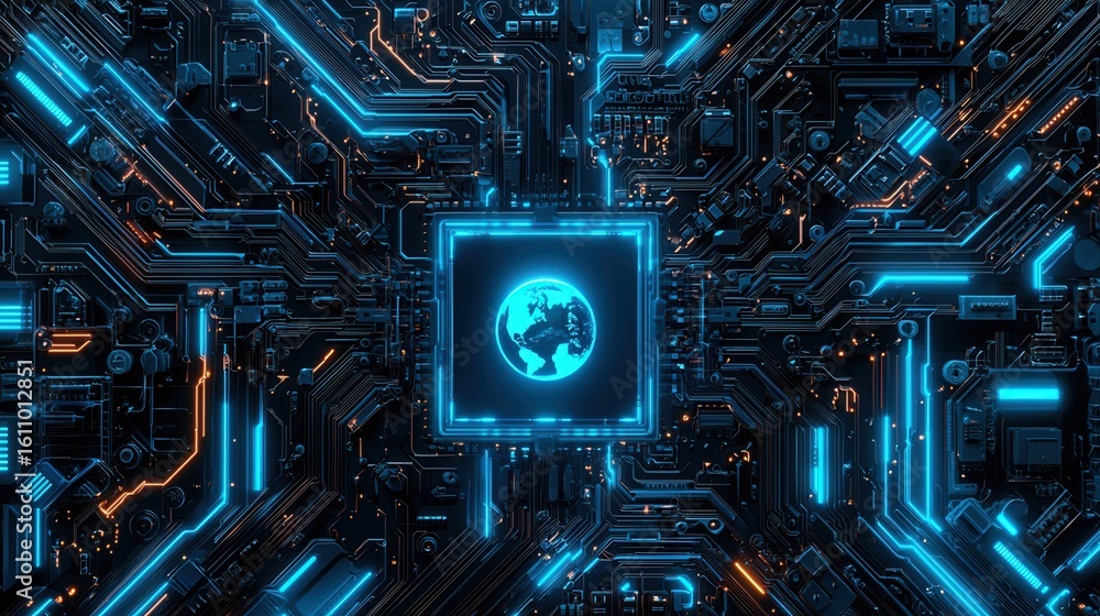 Fototapeta premium nature conservation concept. Futuristic circuit design with a globe at the center.