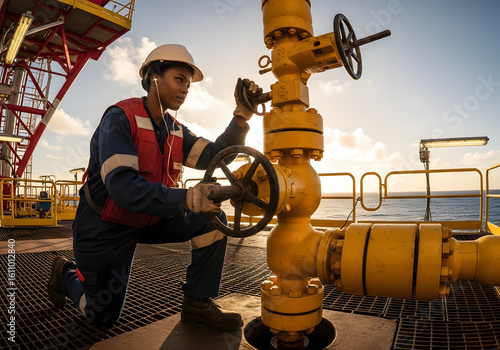Black woman engineer wearing earbuds and hardhat, adjusting large valve on oil rig, demonstrating expertise and focus in energy industry