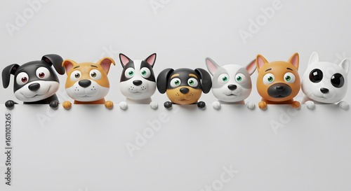 Adorable Cartoon Dogs Peeking Over White Banner: Playful 3D Render of Diverse Canine Friends