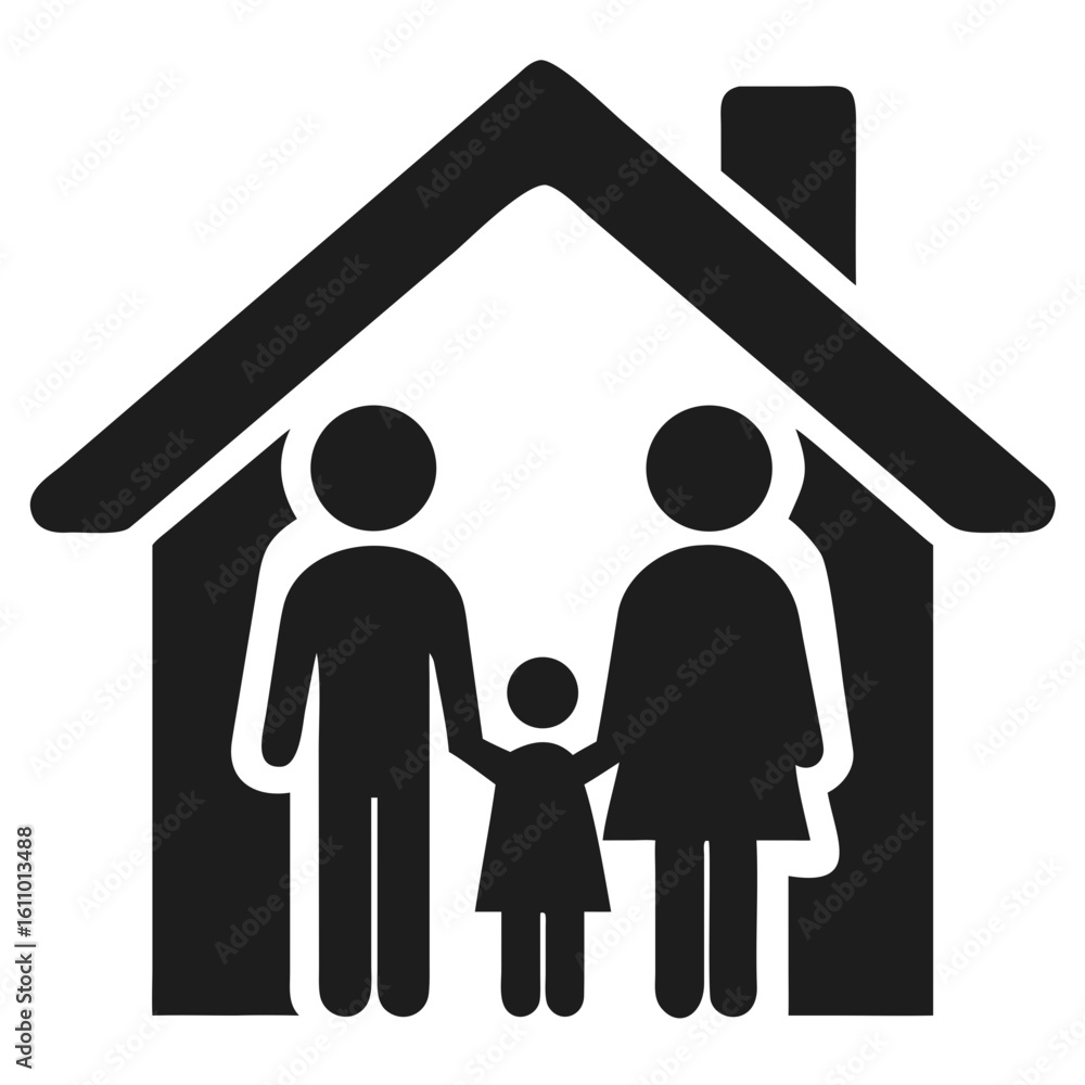 Silhouette family with house depicting parents and child in simple black vector design Silhouette family with house depicting parents and child in simple black vector design