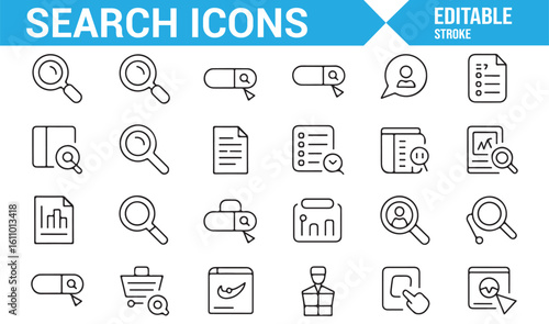 Business and Data Search Icons Featuring Documents, Files, and Magnifiers